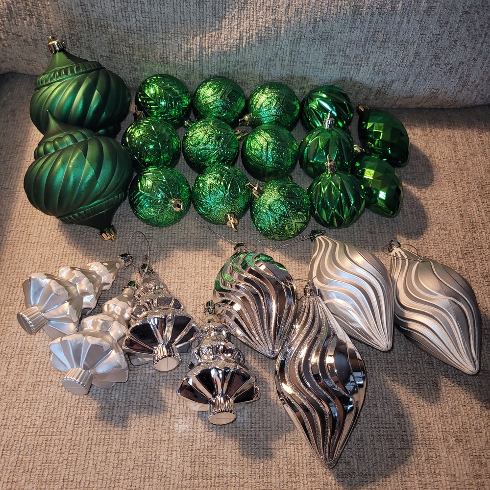 Elegant Green and Silver Holiday Ornament Set